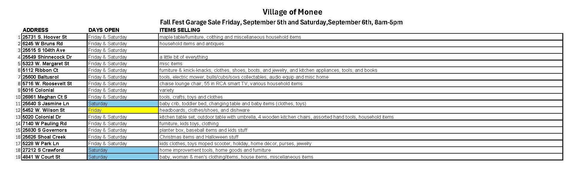 Garage Sale List Fall Fest NEW 2025